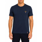 Navy blue Aeronautica Militare men cotton short-sleeved t-shirt with gold embroidered logo and tricolor hem stripe