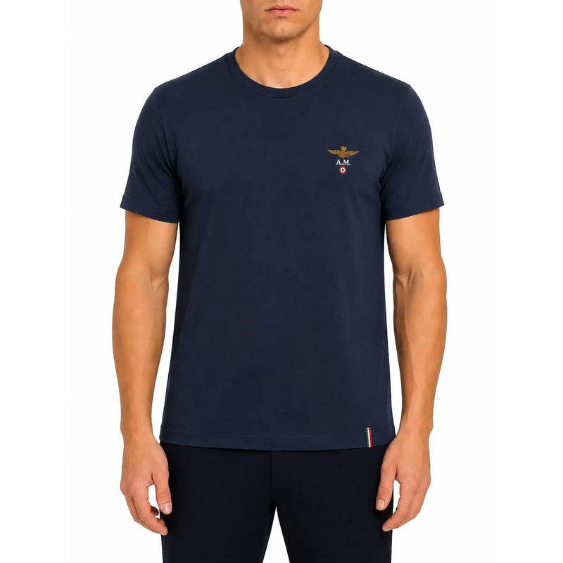 Navy blue Aeronautica Militare men cotton short-sleeved t-shirt with gold embroidered logo and tricolor hem stripe