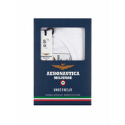 White aeronautica militare men’s cotton underwear in navy blue branded box with gold and red tricolor accents