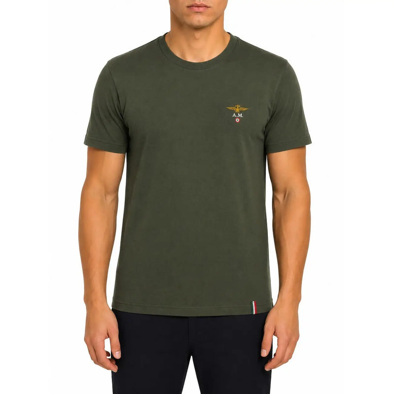 Olive green aeronautica militare men cotton short-sleeved t-shirt with gold embroidered logo and italian flag trim on hem