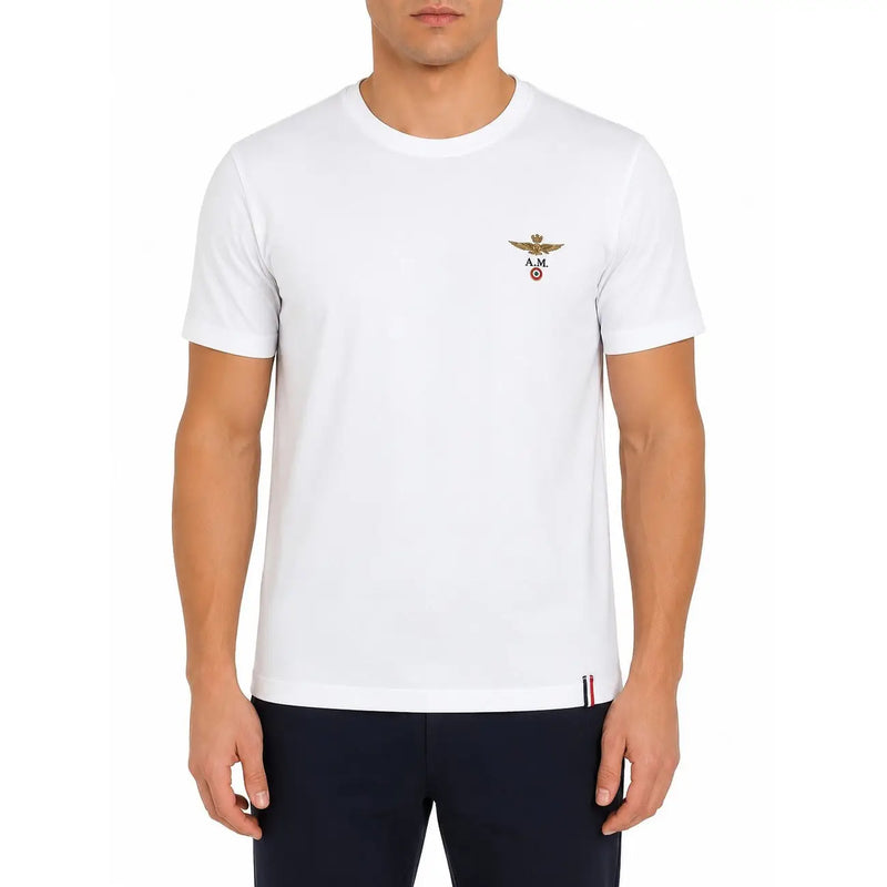 Aeronautica Militare men cotton white short-sleeved t-shirt with embroidered logo and tricolor stripe hem