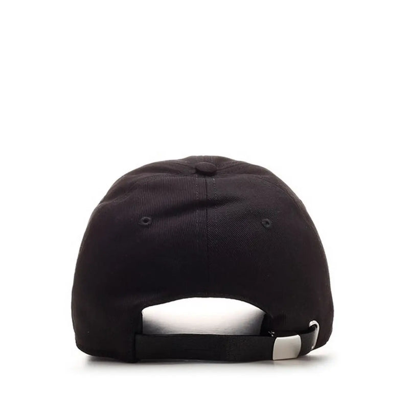 Back view of alexander mcqueen men cap black cotton baseball hat with white adjustable strap and silver buckle