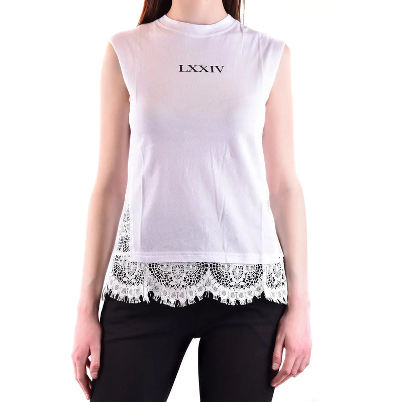 Alexander McQueen women tank top white cotton sleeveless with black lxxiv lettering and white lace trim at hem