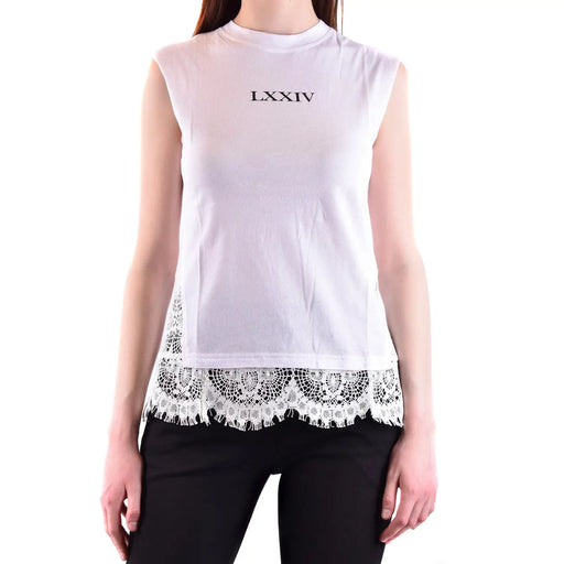 Alexander McQueen women tank top white cotton sleeveless with black lxxiv lettering and white lace trim at hem
