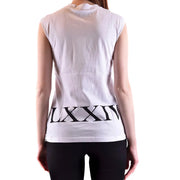 Back view of Alexander McQueen women white cotton sleeveless tank top with black lxxiv lettering across lower back