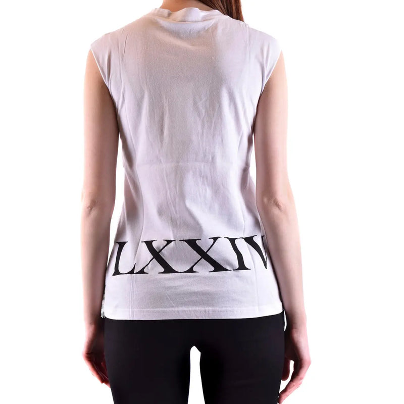 Back view of Alexander McQueen women white cotton sleeveless tank top with black lxxiv lettering across lower back