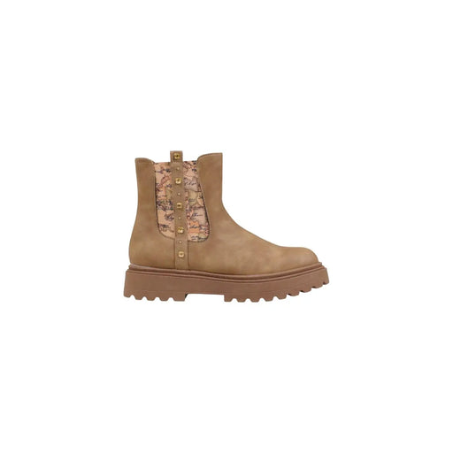Tan suede Alviero Martini Prima Classe beige Chelsea ankle boots with map-patterned panel, gold-tone side studs and zip