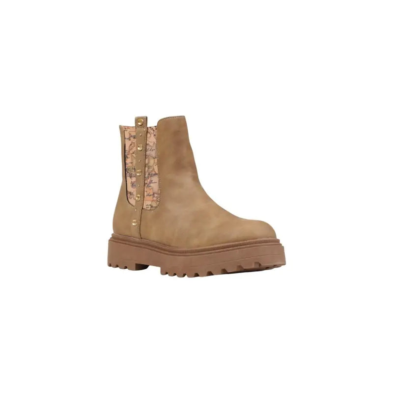 Tan suede Alviero Martini Prima Classe beige Chelsea ankle boot with zip, patterned panel, and gold-tone side studs