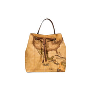 Alviero Martini Prima Classe beige bucket bag with vintage world map print and top handle