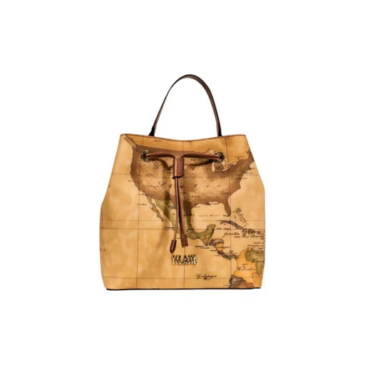 Alviero Martini Prima Classe beige bucket bag with vintage world map print and top handle