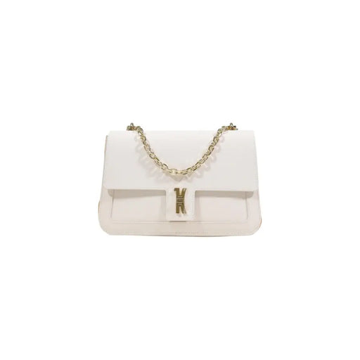 Alviero Martini Prima Classe white leather crossbody bag with gold chain strap and K logo clasp