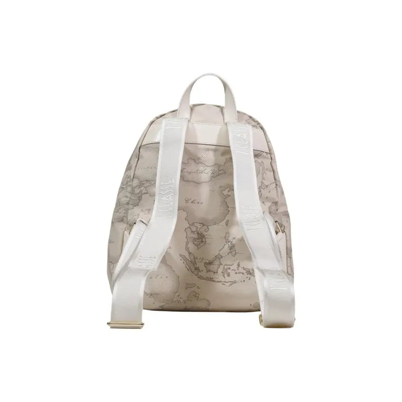 Beige alviero martini prima classe rucksack with vintage world map print white straps and embossed branding pockets