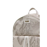 Alviero Martini Prima Classe beige print rucksack with pockets featuring a subtle world map print and white leather accents