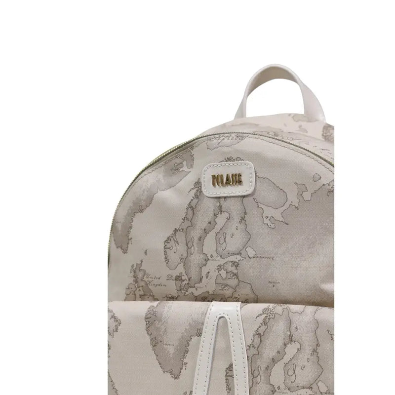 Alviero Martini Prima Classe beige print rucksack with pockets featuring a subtle world map print and white leather accents
