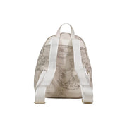 Beige alviero martini prima classe rucksack with vintage world map print white straps and embossed branding pockets