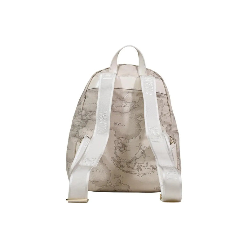 Beige alviero martini prima classe rucksack with vintage world map print white straps and embossed branding pockets