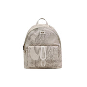Alviero Martini Prima Classe beige print rucksack with gray marble pattern and white leather-like accents and pockets