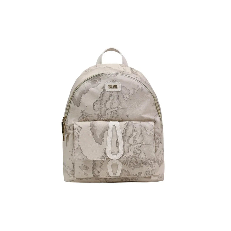 Alviero Martini Prima Classe beige print rucksack with gray marble pattern and white leather-like accents and pockets
