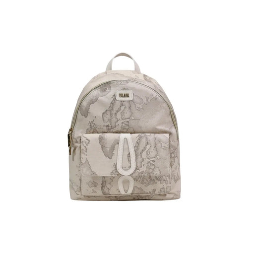 Alviero Martini Prima Classe beige print rucksack with gray marble pattern and white leather-like accents and pockets