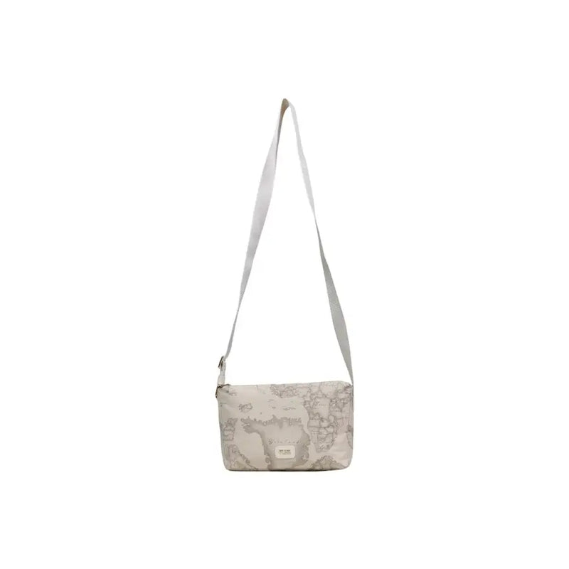 Alviero Martini Prima Classe beige crossbody bag with subtle world map print and matching adjustable strap
