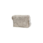 Alviero Martini Prima Classe beige crossbody bag with vintage world map print and white adjustable strap