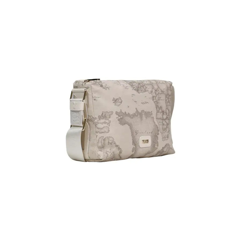 Alviero Martini Prima Classe beige print crossbody bag with gray map and white strap