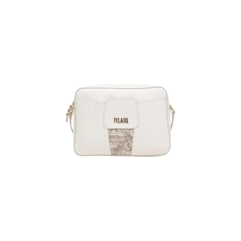 Alviero Martini Prima Classe beige print shoulder bag, white leather with map panel and gold Tilase logo