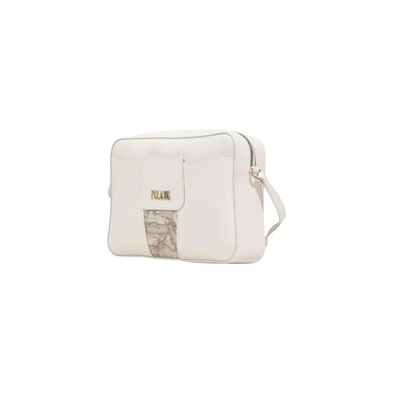 Alviero Martini Prima Classe beige print white milanese crossbody bag with subtle map-patterned panel and gold logo plaque