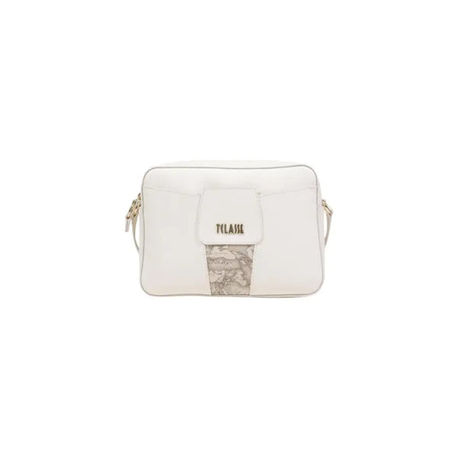 Alviero Martini Prima Classe white leather crossbody bag with beige map print panel and gold tone tilase logo