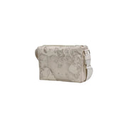 Alviero Martini Prima Classe beige crossbody bag with vintage world map print and white adjustable strap
