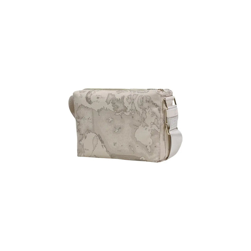 Alviero Martini Prima Classe beige crossbody bag with vintage world map print and white adjustable strap
