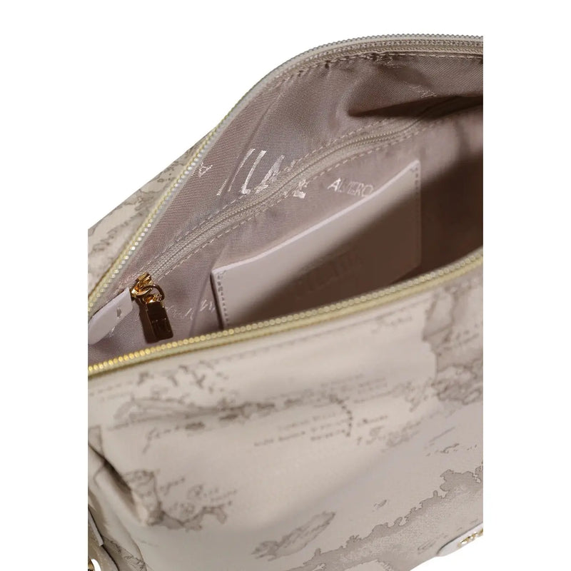 Alviero Martini Prima Classe beige print cosmetic bag with map pattern and gold zipper pull in beige and gray
