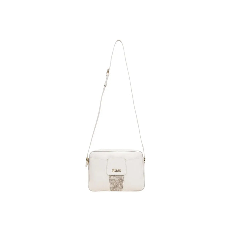 White leather crossbody Alviero Martini Prima Classe bag with beige map print and Pilasm logo on front flap