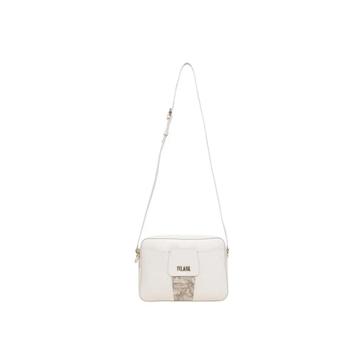 White leather crossbody Alviero Martini Prima Classe bag with beige map print and Pilasm logo on front flap