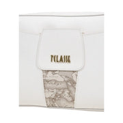 Alviero Martini prima classe beige print shoulder bag with white textured leather and gold-tone tclasse logo plaque