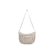 Alviero Martini Prima Classe beige crossbody shoulder bag with subtle world map print and gold-tone zipper accents