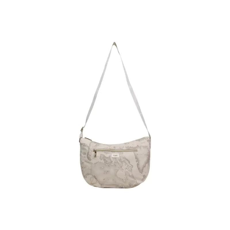 Alviero Martini Prima Classe beige crossbody shoulder bag with subtle world map print and gold-tone zipper accents