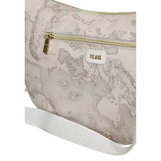 Alviero Martini Prima Classe beige crossbody bag with vintage world map print and gold tone zipper accents with pockets
