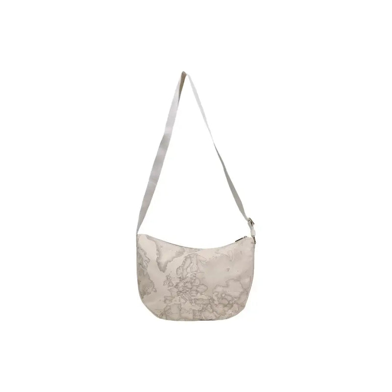 Alviero Martini Prima Classe beige crossbody shoulder bag with subtle world map print and adjustable strap with pockets