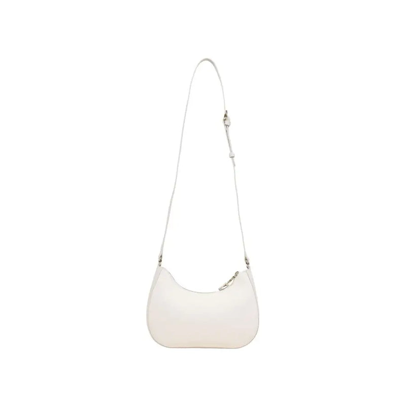Alviero Martini Prima Classe beige print shoulder bag in sleek white leather with minimalist curved design and matching strap