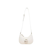 A sleek white crossbody bag with minimalist design metallic accent and pleasur embossed flap for stylish use