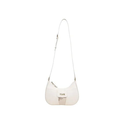 A sleek white crossbody bag with minimalist design metallic accent and pleasur embossed flap for stylish use