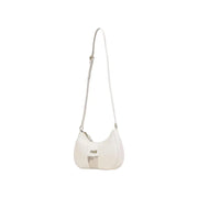 Sleek Alviero Martini Prima Classe white leather crossbody bag with beige print, minimalist design and metallic logo