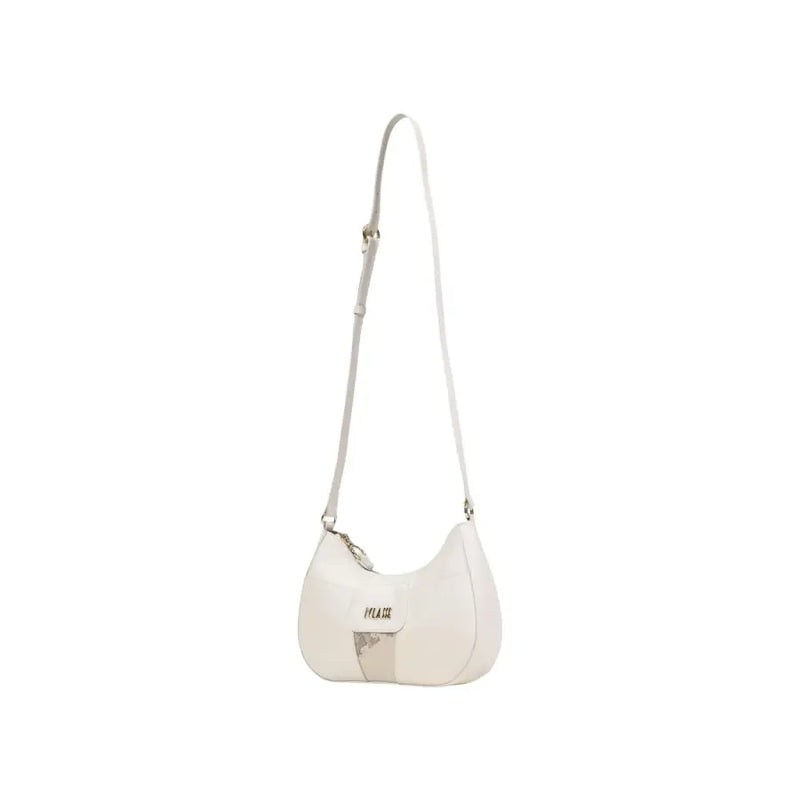 Sleek Alviero Martini Prima Classe white leather crossbody bag with beige print, minimalist design and metallic logo