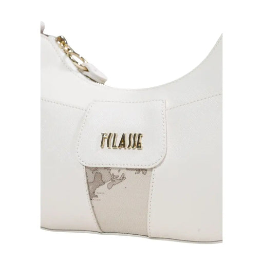 Alviero Martini Prima Classe beige print shoulder bag in white leather with gold tone logo and subtle map print panel