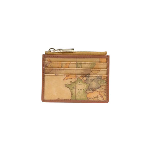 Compact tan Alviero Martini Prima Classe leather cardholder with vintage beige map print and zip