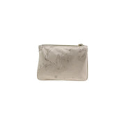 Alviero Martini Prima Classe beige satin pouch with elegant map print and gold-toned zipper closure