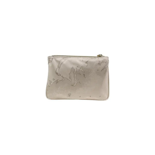 Alviero Martini Prima Classe beige satin pouch with elegant map print and gold-toned zipper closure
