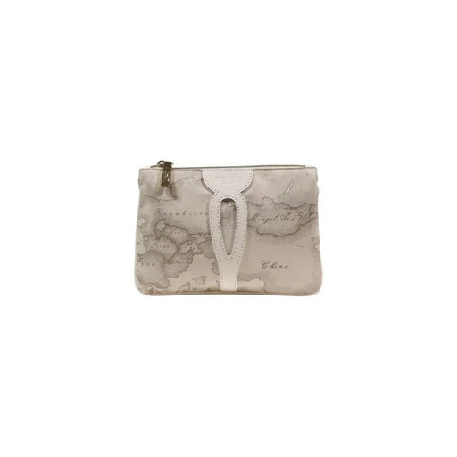 Alviero Martini Prima Classe beige map-patterned clutch with white leather strap and gold-tone zipper closure