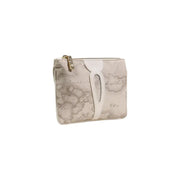Alviero Martini Prima Classe beige leather clutch with vintage world map print and white stitched handle